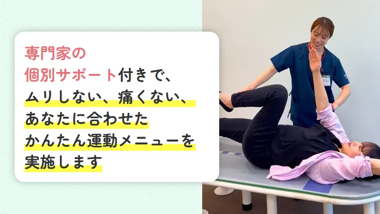 専門家の個別サポート付きで、ムリしない、痛くない、あなたに合わせたかんたん運動メニューを>実施します”>
    </div>

    <div class=