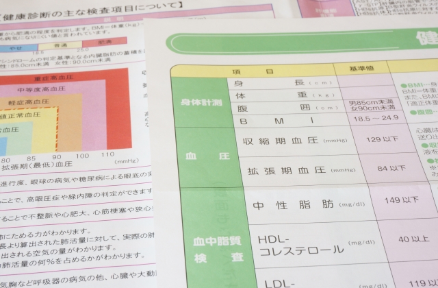 健康診断結果の用紙（体組成・BMI・血圧・コレステロール値など生活習慣病に関係する数値が載っているもの）