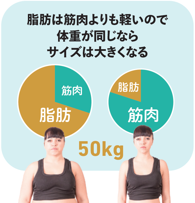 脂肪は筋肉よりも軽いので、体重が同じならサイズは大きくなる