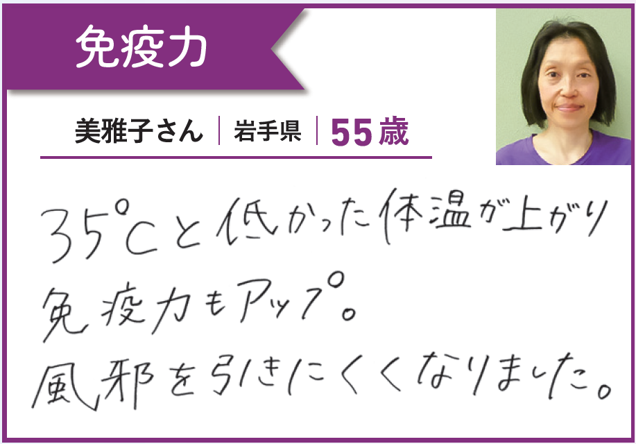 美雅子さん（岩手県・55歳）【免疫力】「35℃と低かった体温が上がり免疫力もアップ。風邪を引きにくくなりました。」