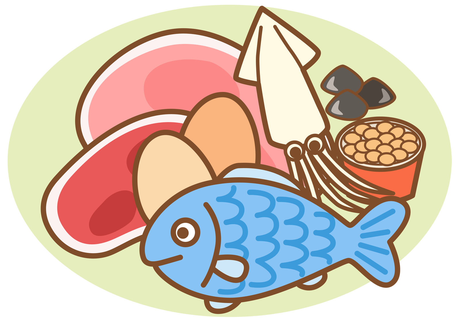 動物性・植物性のたんぱく質が豊富な食材（肉、魚、卵、豆、乳製品）