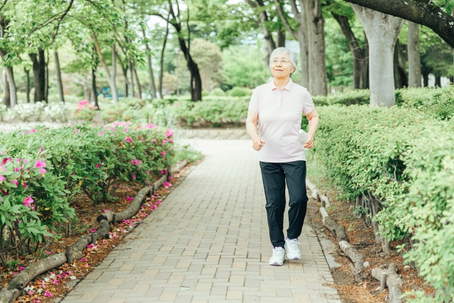屋外で有酸素運動（ウォーキング）をするシニア世代の女性