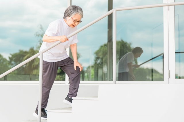 階段をのぼりながら、辛そうにするシニア世代の女性（体力不足、筋力不足、息切れ、痛みなど）