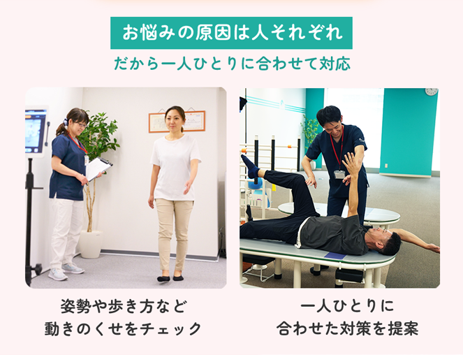 お悩みの原因は人それぞれ だから一人ひとりに合わせて対応 姿勢や歩き方など動きのくせをチェック 一人ひとりに合わせた対策を提案